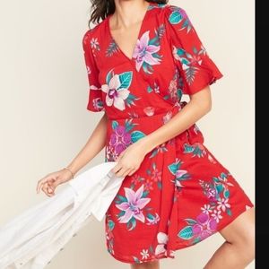 Old Navy Red Floral True Wrap Mini Dress with Purple and Teal Flowers